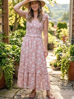 Blu Pepper Ruffled Strap Floral Maxi Dress in Coral and White BNWT